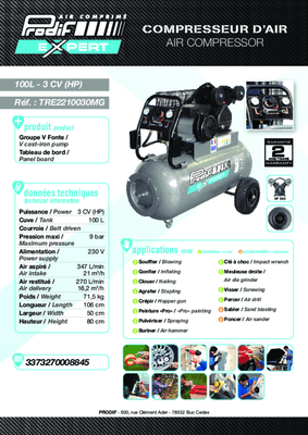Compresseurs, outils pneumatiques - Compresseurs - Compresseur monophasé 100 L 9 Bar 3 CV